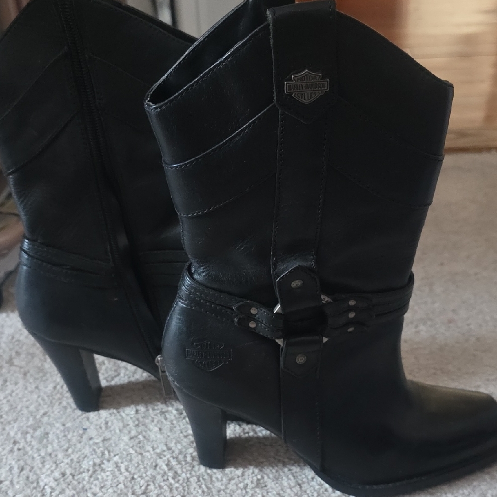 Harley-Davidson Black Leather Harness Heeled Ankle Boots